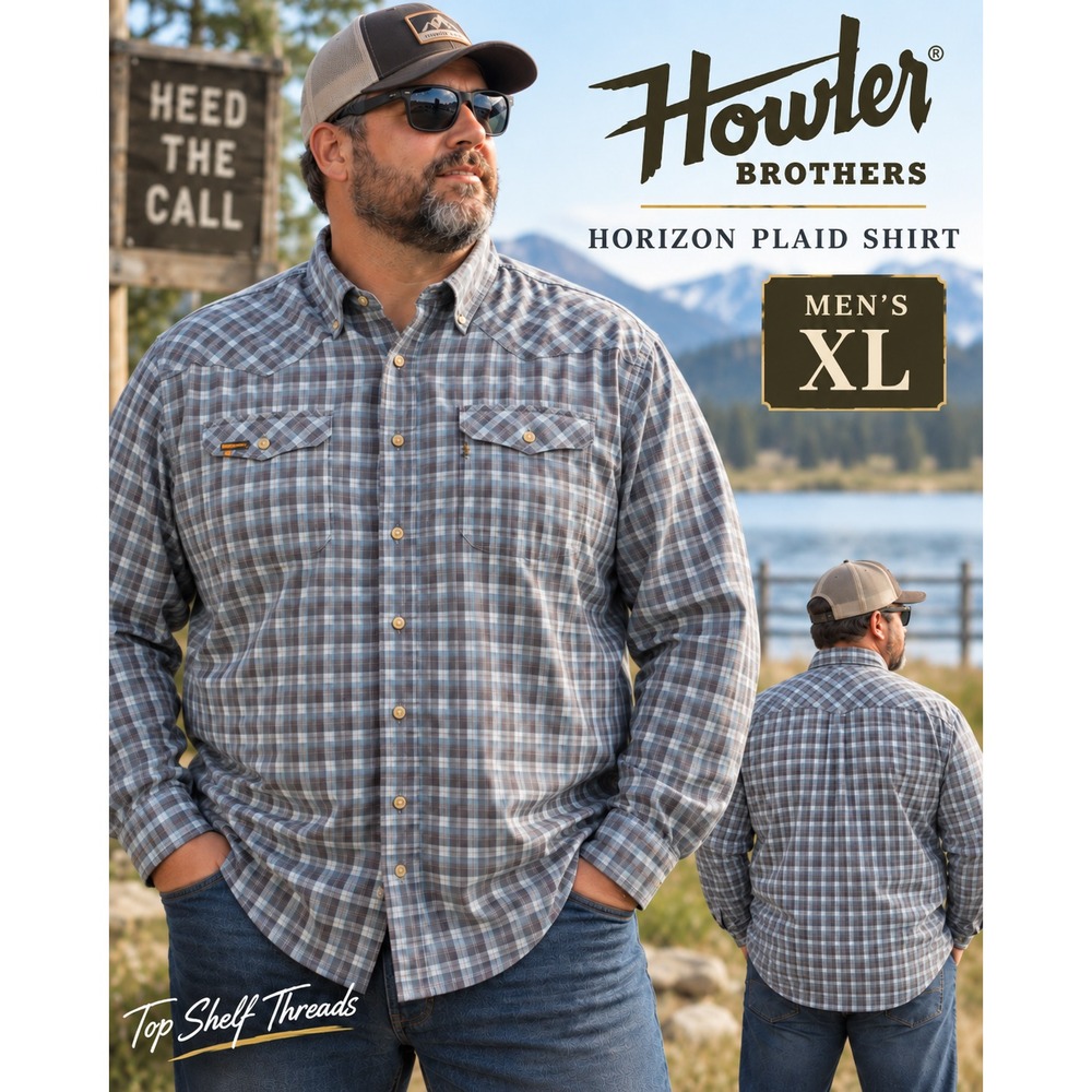 Howler Brothers Matagorda Men XL Gray Blue Plaid Long Sleeve UPF35 Fishing Shirt